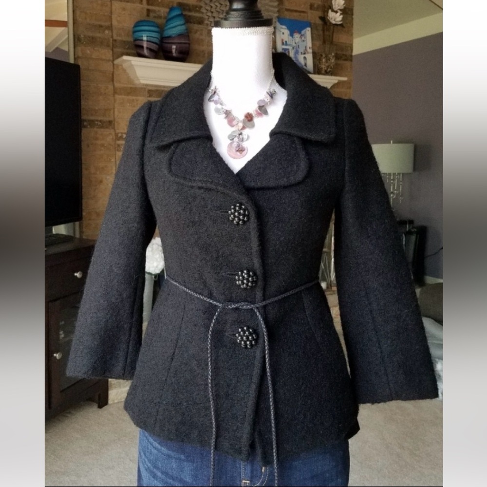 Black MANGO Alpaca Mohair Wool Quarter Sleeve Belted Jacket from Spain NWOT